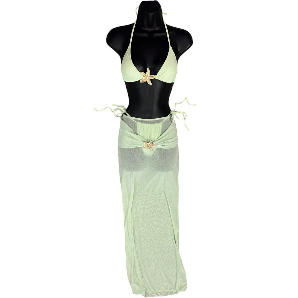 New XS Mint Green Starfish Rhinestone 3-Piece Bikini and Mesh Sarong Set